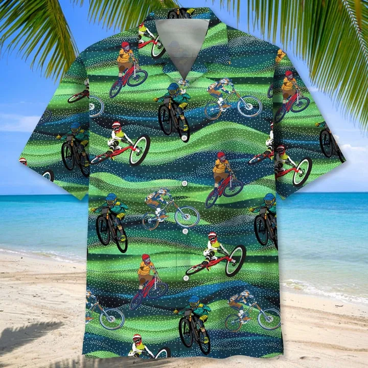 Mountain Bike Nature Flower Hawaiian Shirt, Men's Hawaiian Shirt Tropical Aloha Shirts Short Sleeve Beach Holiday Casual Shirts