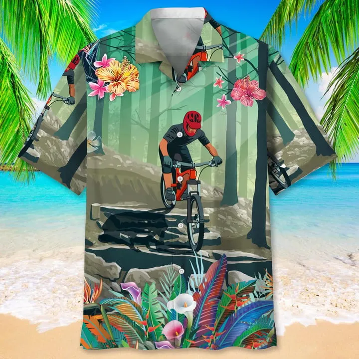 Mountain Bike Nature Flower Hawaiian Shirt, Men's Hawaiian Shirt Tropical Aloha Shirts Short Sleeve Beach Holiday Casual Shirts