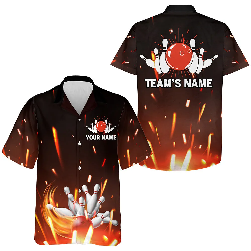 Personalized Hawaiian Bowling Shirt Flame, Bowling Ball and Pins Short Sleeve Team Bowlers Jersey