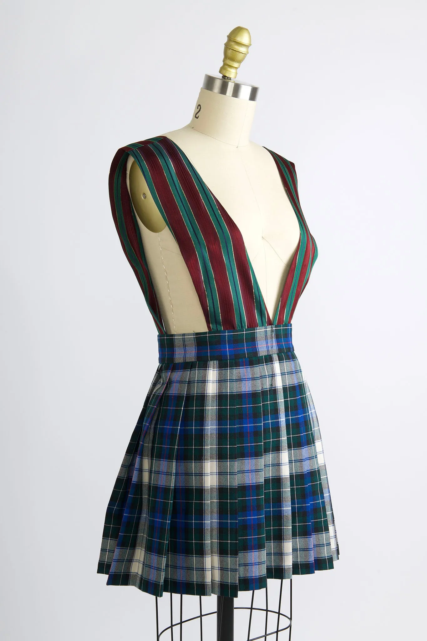 Pleated Mini Apron Dress in Tartan and Stripe