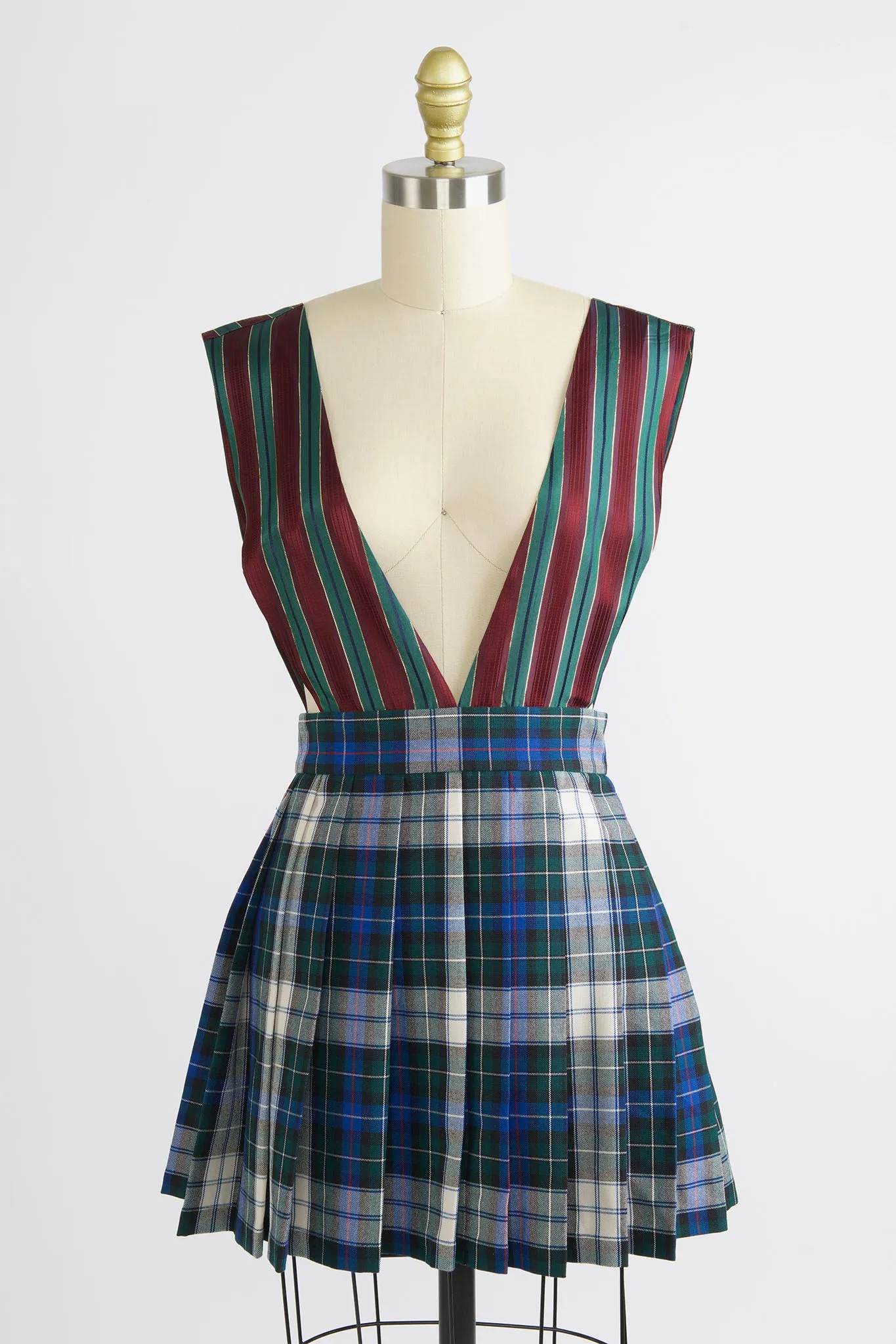 Pleated Mini Apron Dress in Tartan and Stripe