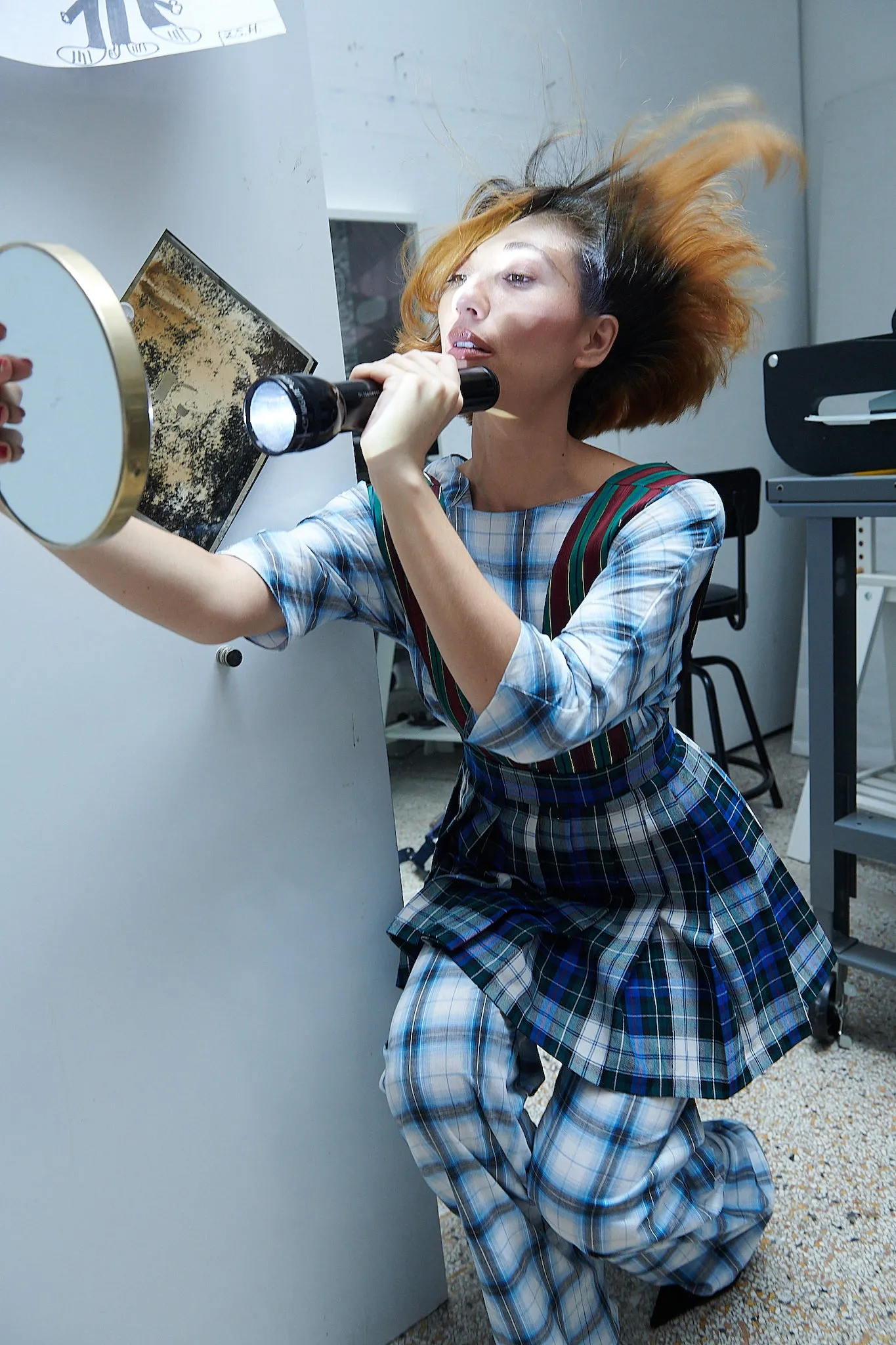 Pleated Mini Apron Dress in Tartan and Stripe