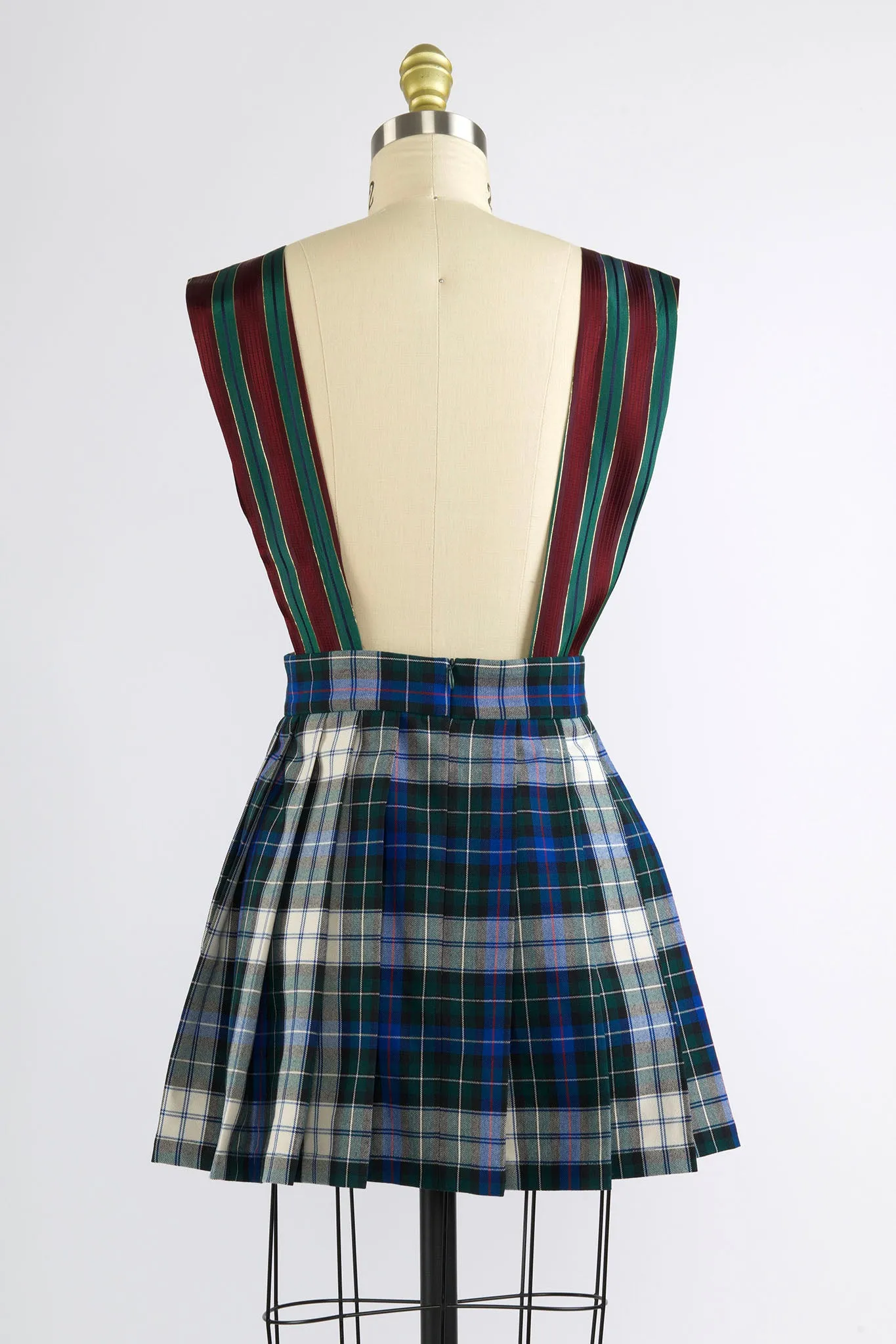 Pleated Mini Apron Dress in Tartan and Stripe