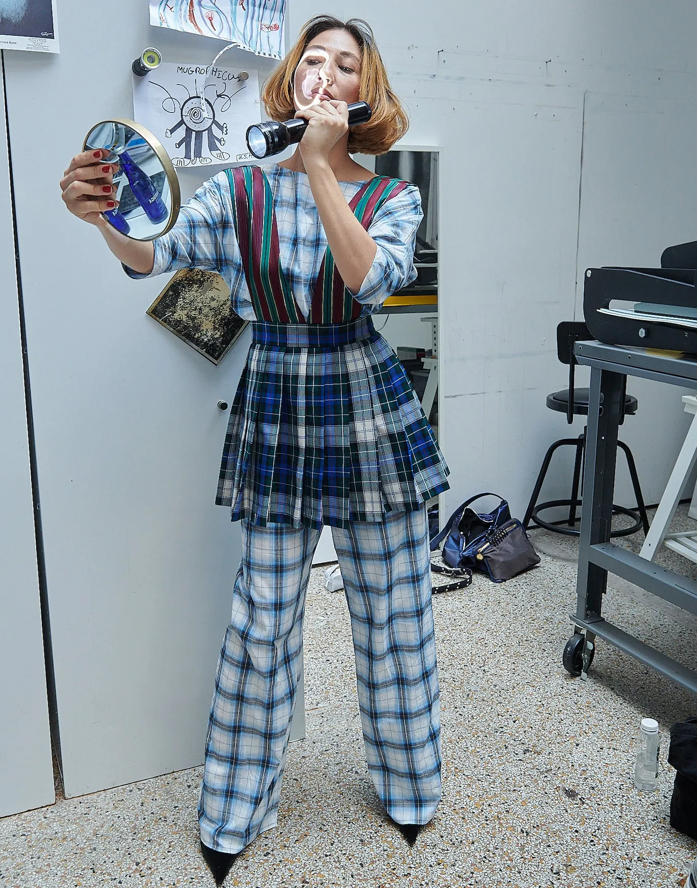 Pleated Mini Apron Dress in Tartan and Stripe