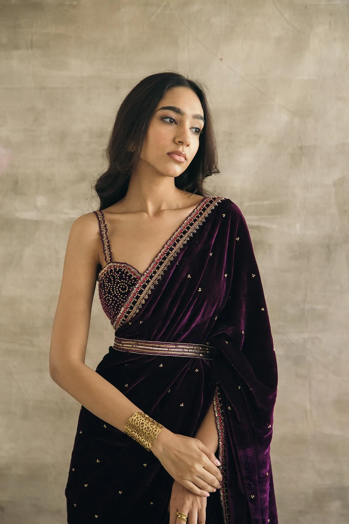 Plum Silk Velvet Retro Sari