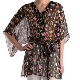 Printed Silk Belted Tunic Blouse in Multi Color Wild Flower