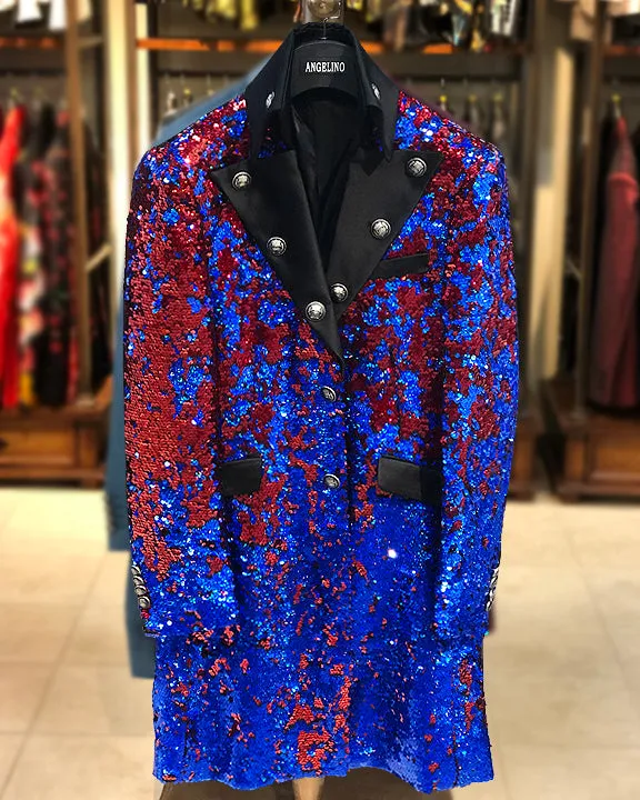 Prom long coat - mens Long Jacket - Sequin Red/Blue