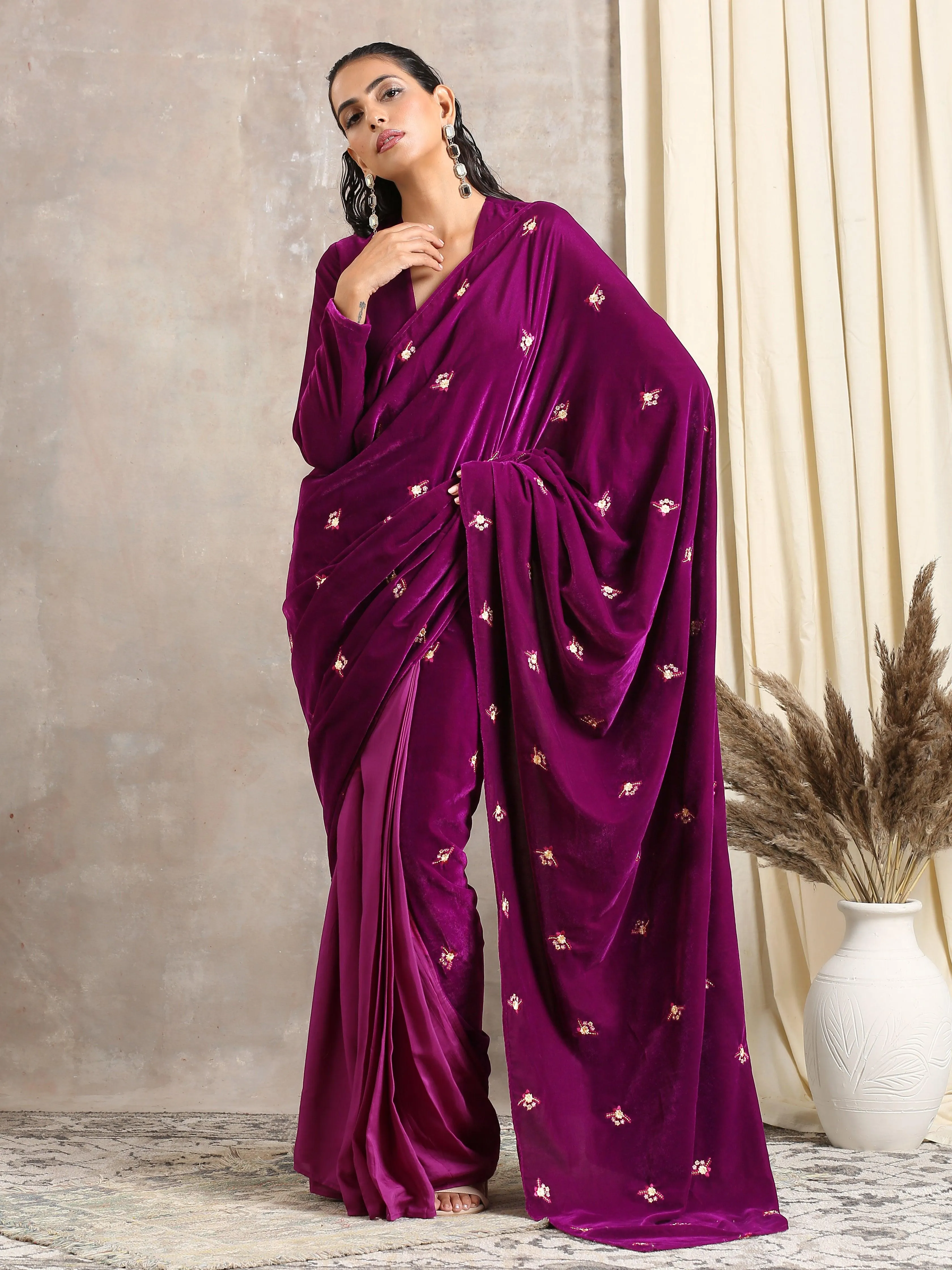 Red Velvet Silk Embroidered Ready To Wear Saree