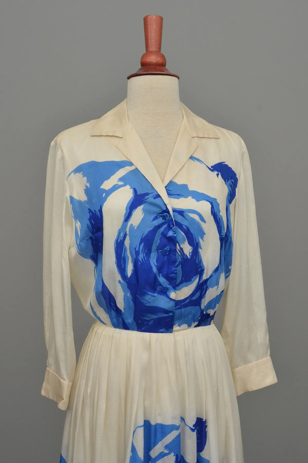 RESERVED Vintage 1950's Blue White Cabbage Rose Print Silk Dress