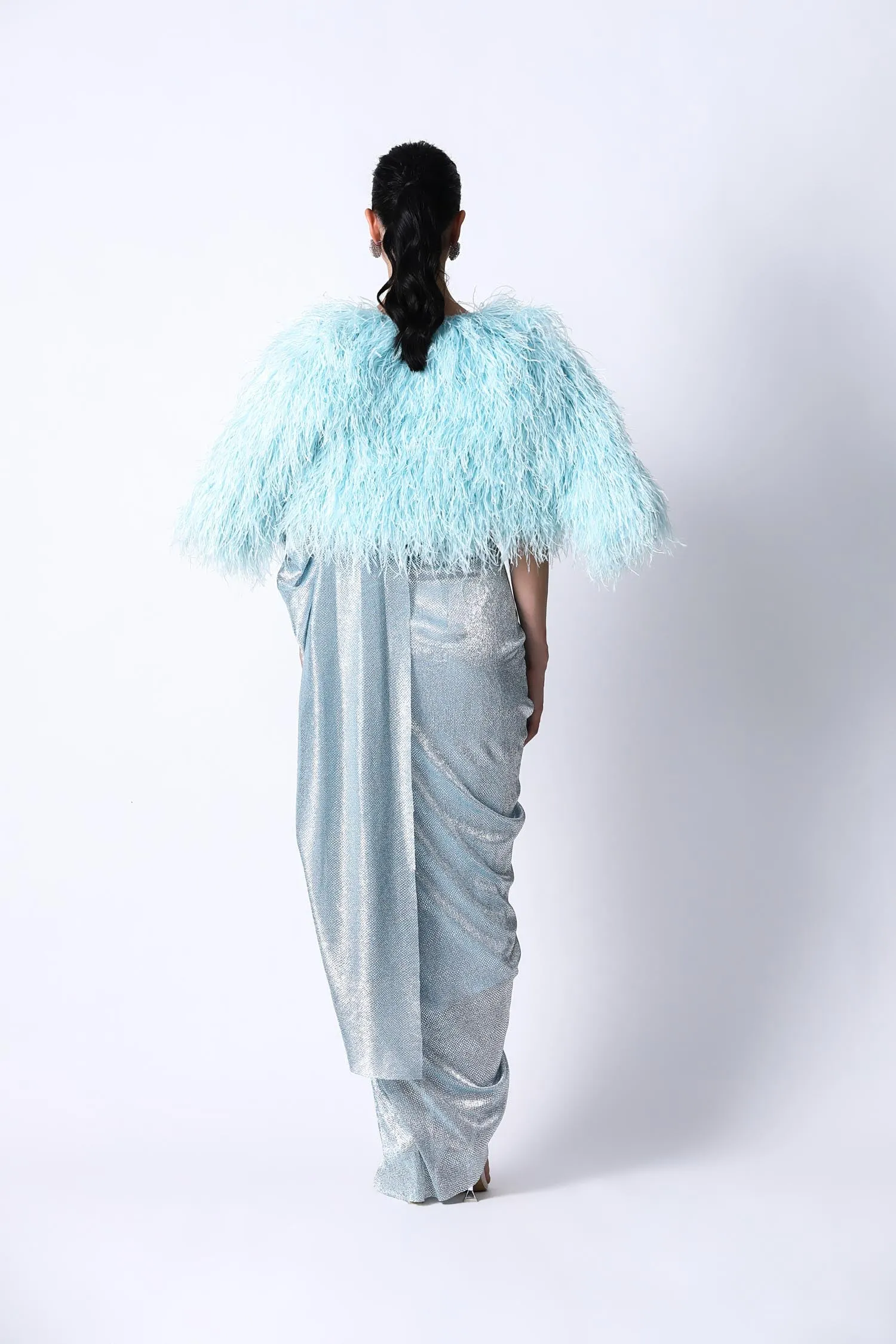 RiRi Blouse with Feather Jacket and Galaxy Sari