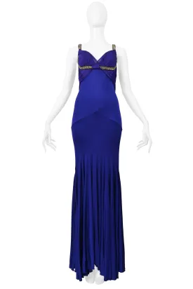 ROBERTO CAVALLI  ROYAL FORUM BLUE PLEATED EVENING GOWN WITH DRAMATIC CRYSTALS