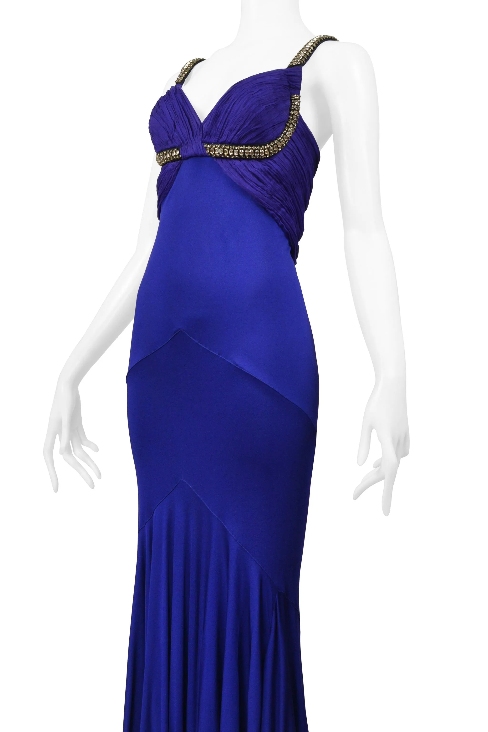 ROBERTO CAVALLI  ROYAL FORUM BLUE PLEATED EVENING GOWN WITH DRAMATIC CRYSTALS