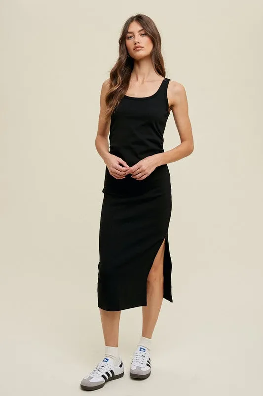 Ruched Side Detail Knit Midi Dress With Side Slit