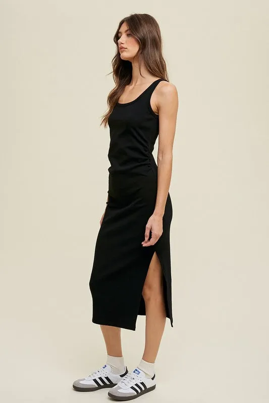 Ruched Side Detail Knit Midi Dress With Side Slit