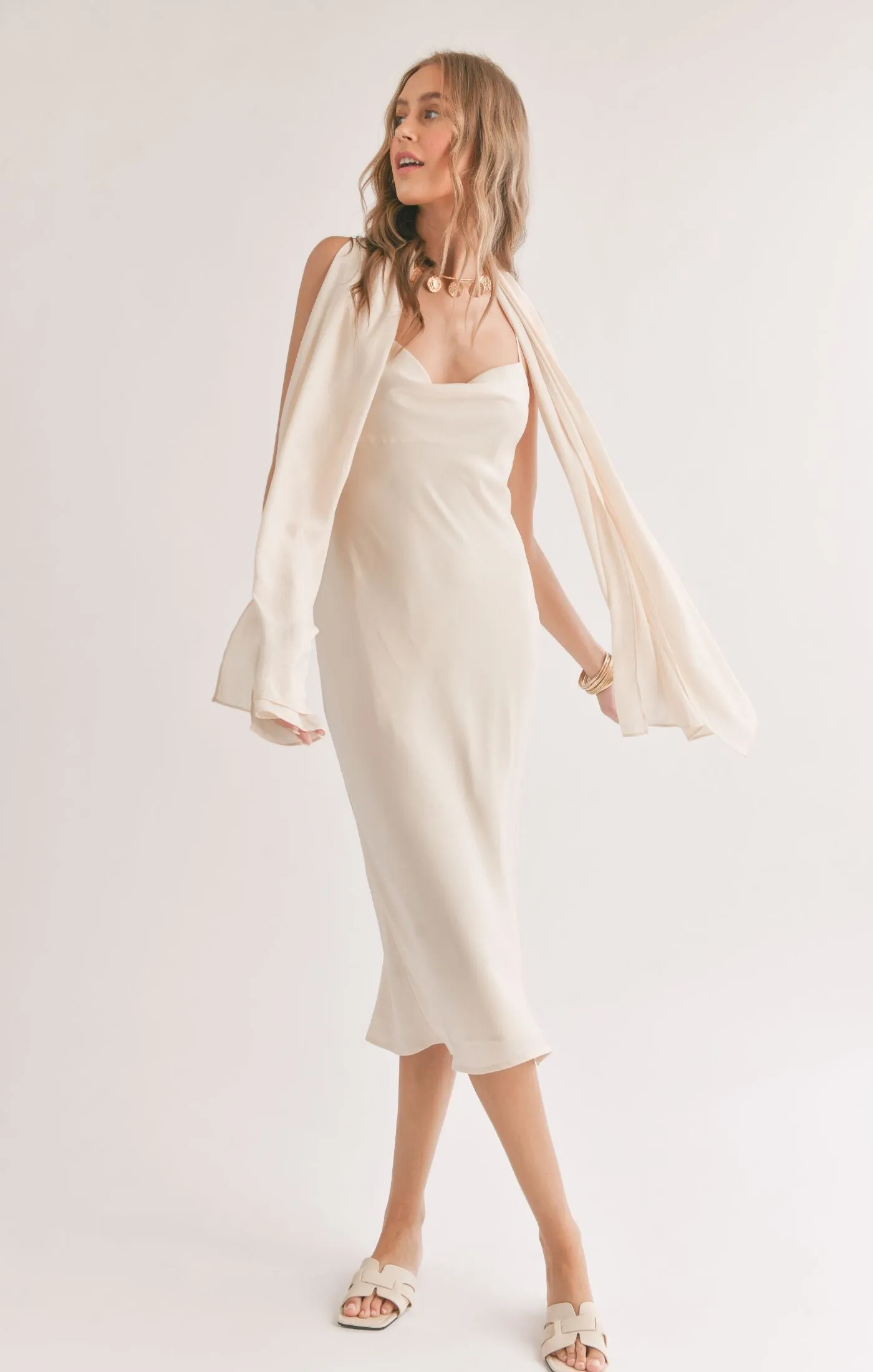 Sadie And Sage Mirage Cowl Neck Midi Dress With Shawl