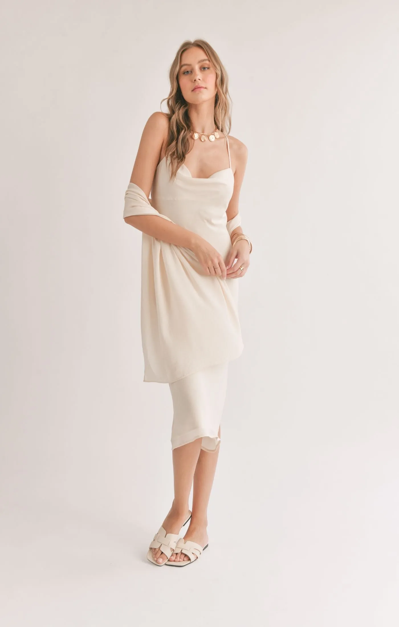 Sadie And Sage Mirage Cowl Neck Midi Dress With Shawl