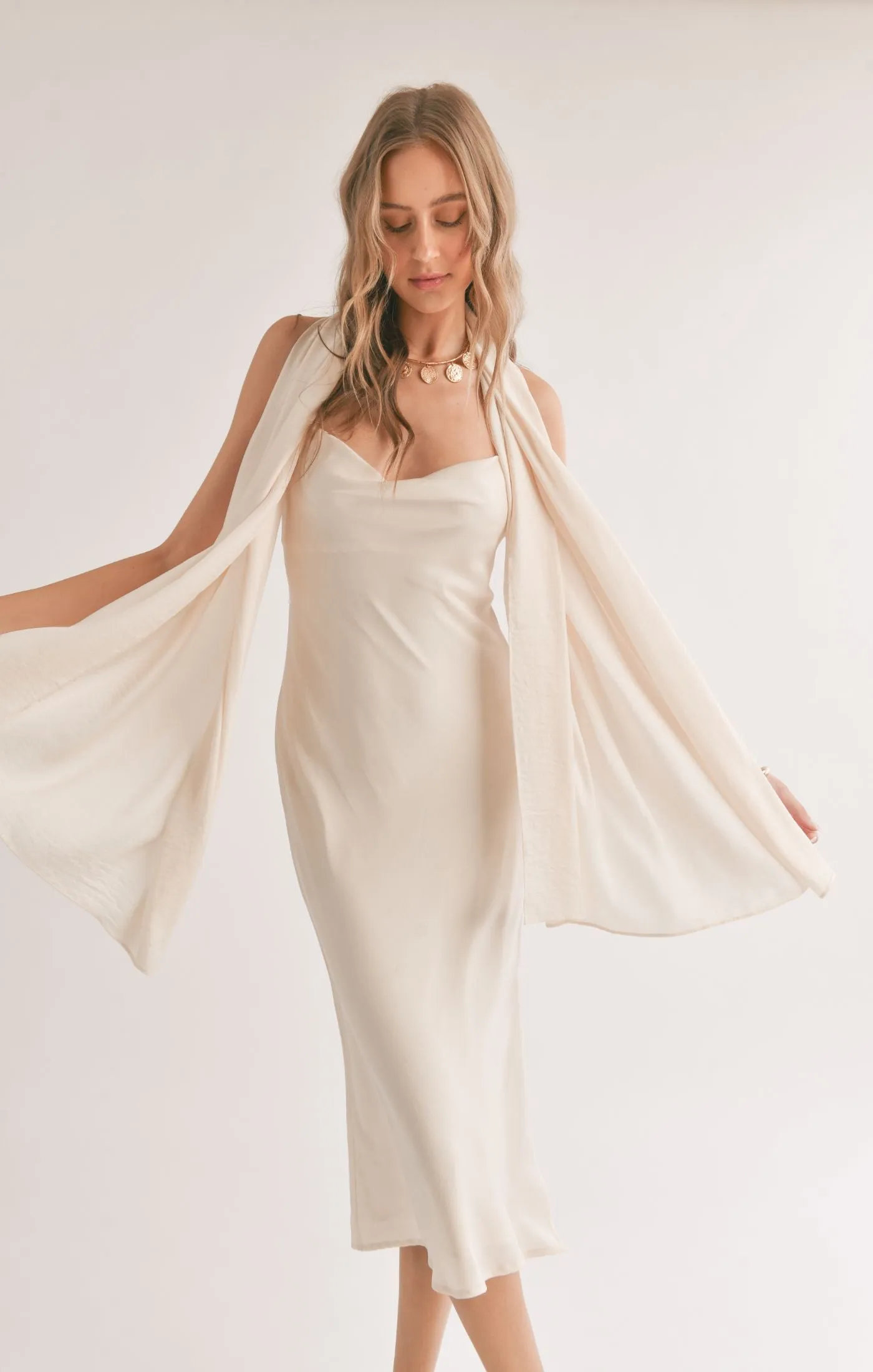 Sadie And Sage Mirage Cowl Neck Midi Dress With Shawl