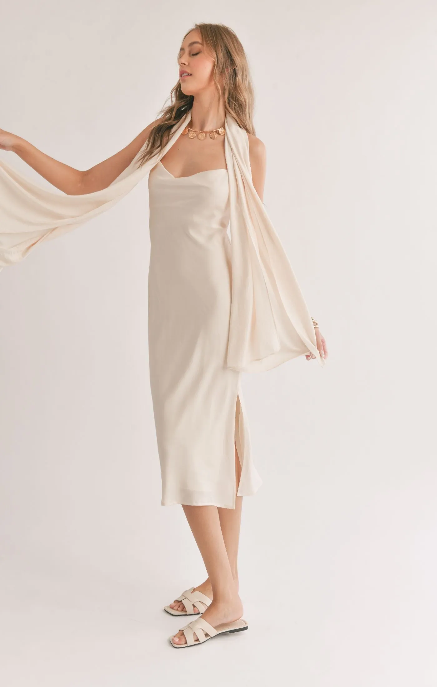 Sadie And Sage Mirage Cowl Neck Midi Dress With Shawl