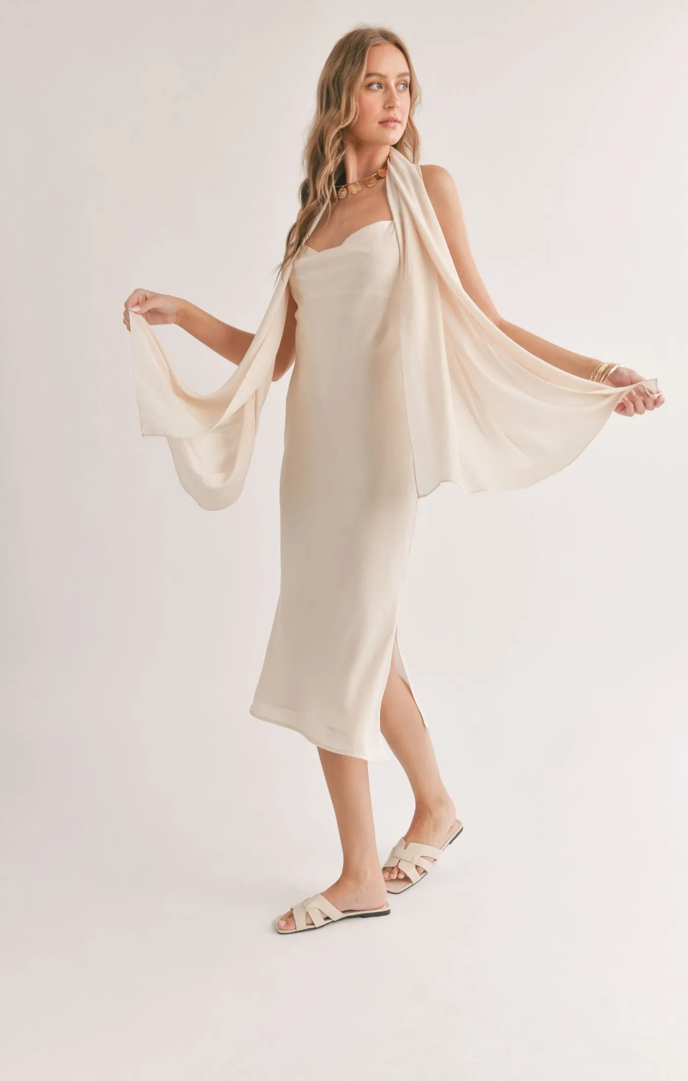 Sadie And Sage Mirage Cowl Neck Midi Dress With Shawl