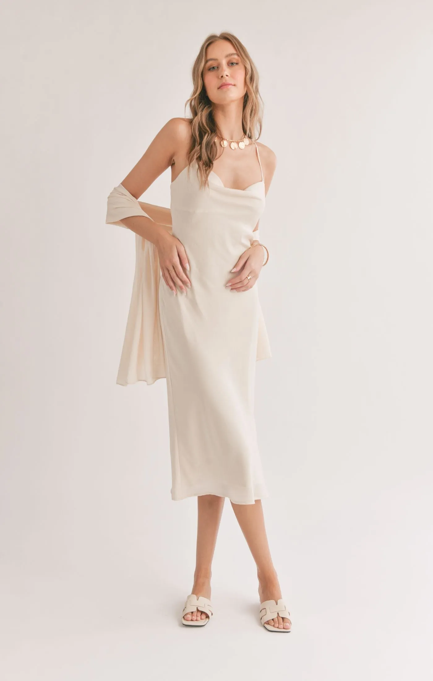 Sadie And Sage Mirage Cowl Neck Midi Dress With Shawl