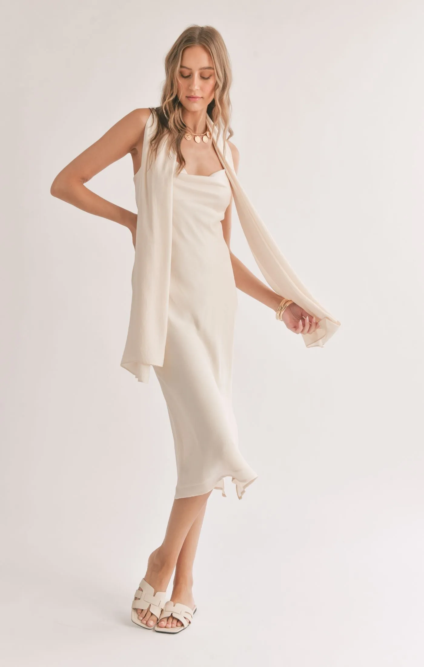 Sadie And Sage Mirage Cowl Neck Midi Dress With Shawl