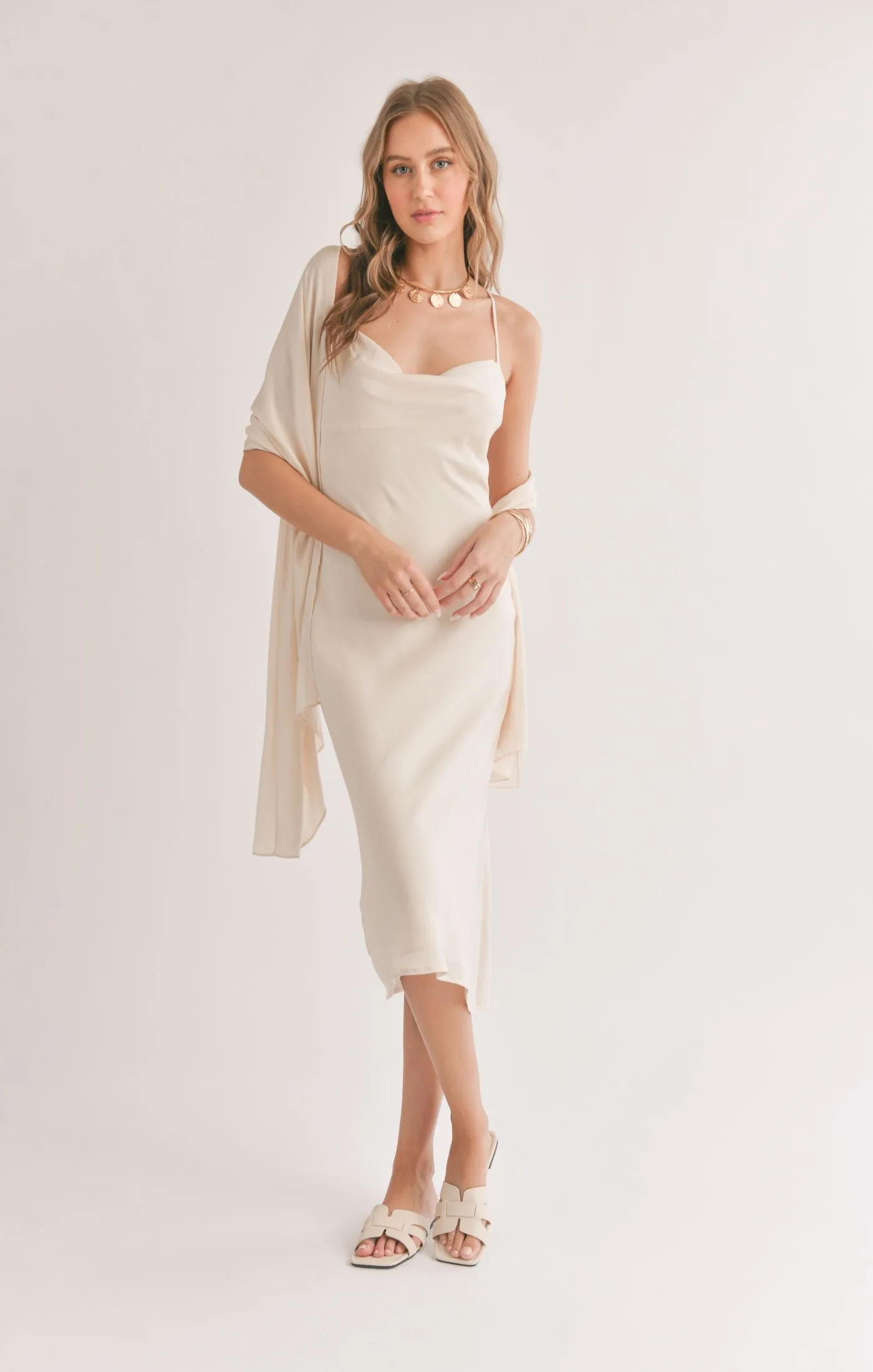 Sadie And Sage Mirage Cowl Neck Midi Dress With Shawl