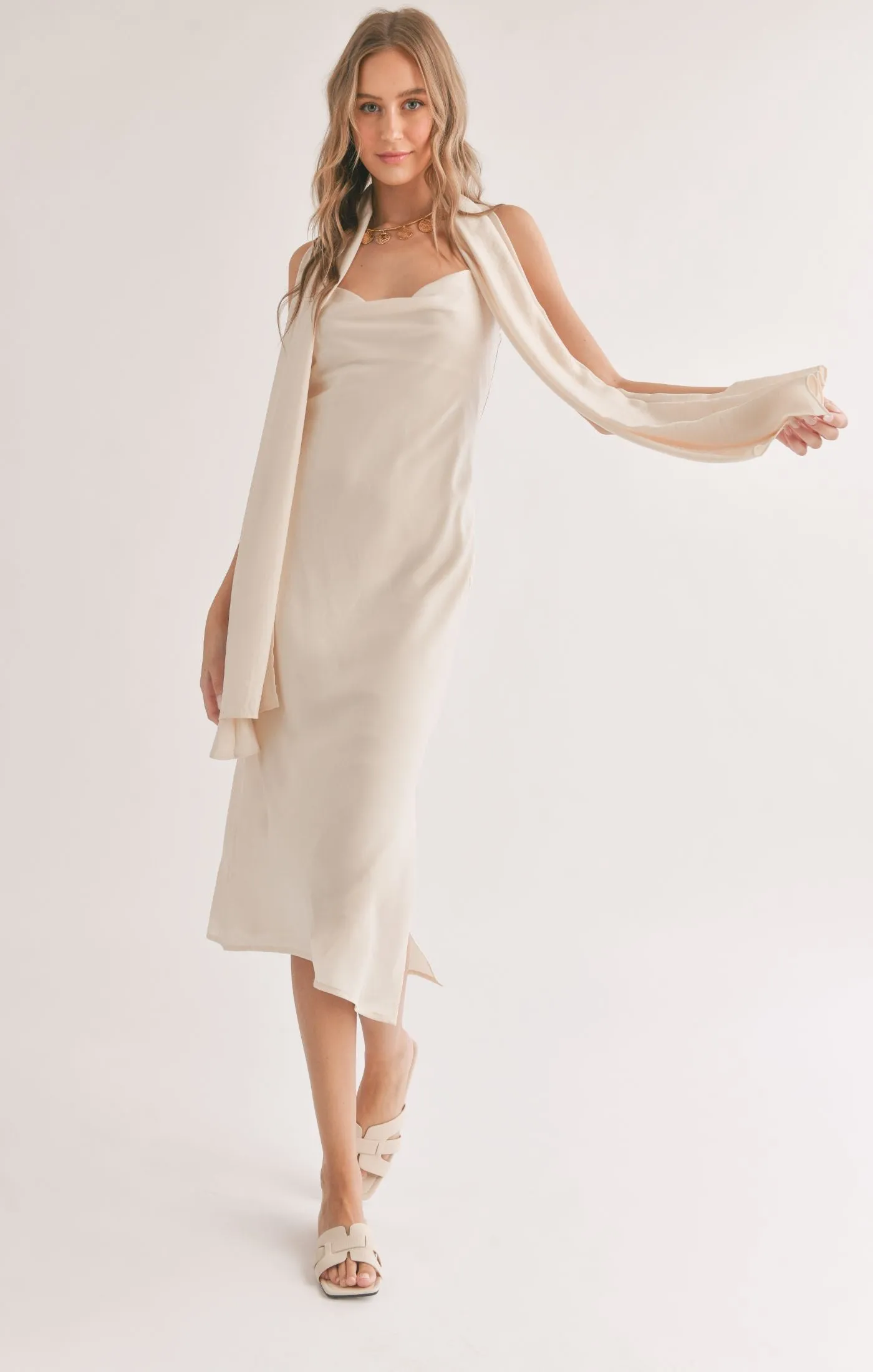 Sadie And Sage Mirage Cowl Neck Midi Dress With Shawl