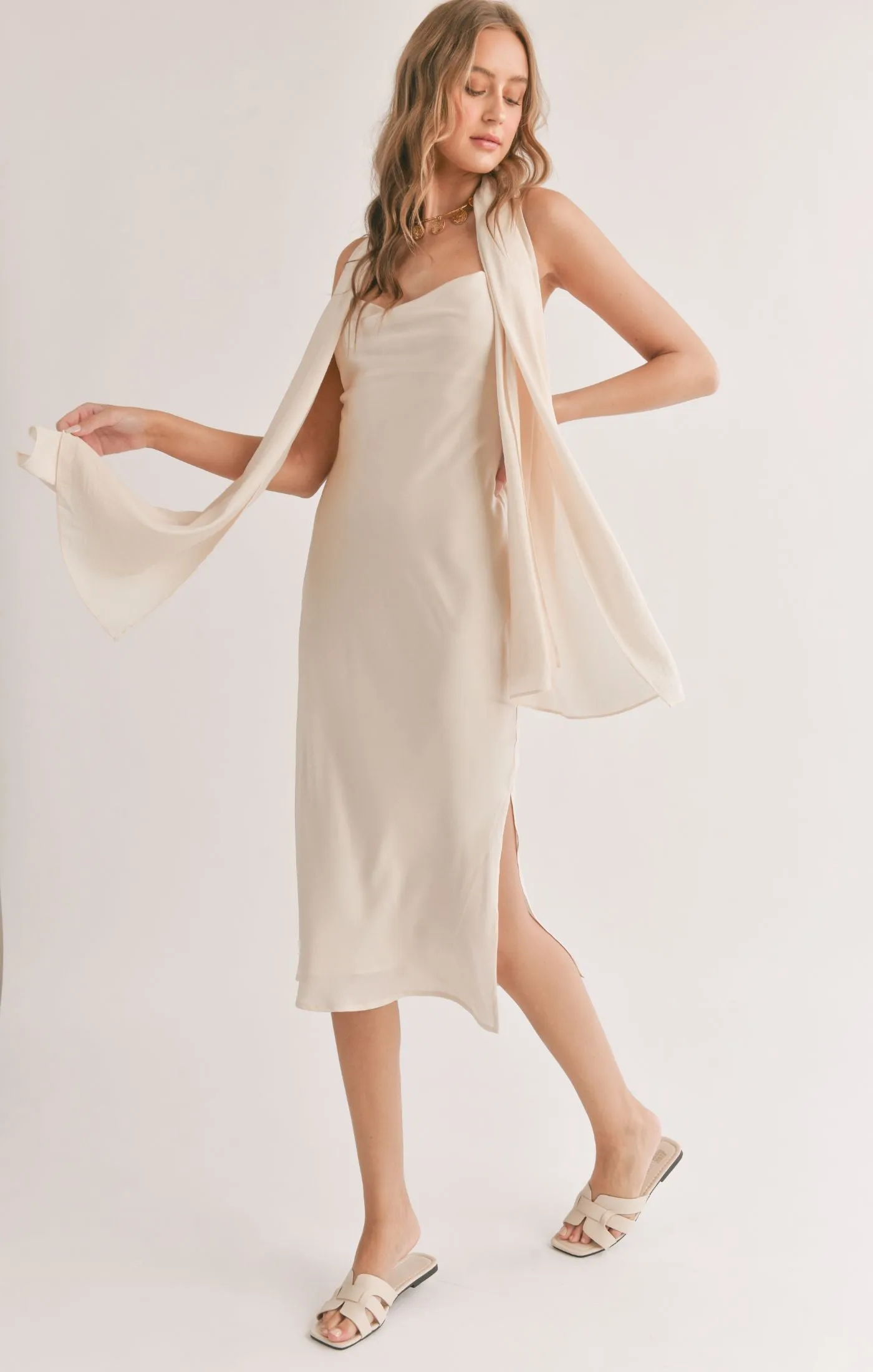 Sadie And Sage Mirage Cowl Neck Midi Dress With Shawl