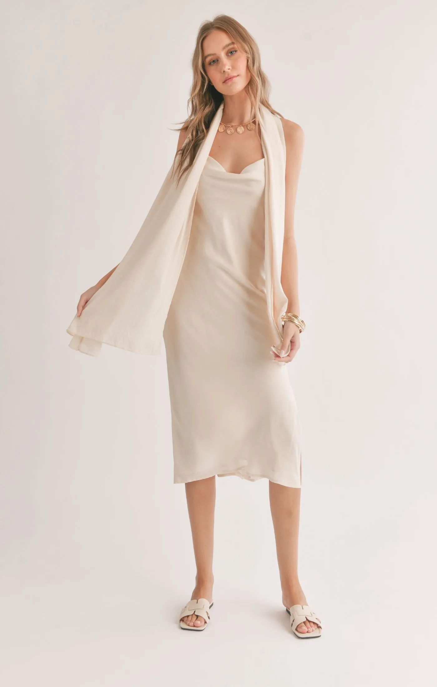 Sadie And Sage Mirage Cowl Neck Midi Dress With Shawl