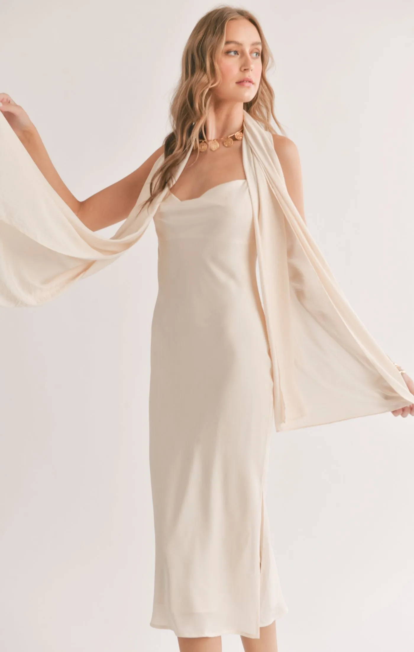 Sadie And Sage Mirage Cowl Neck Midi Dress With Shawl