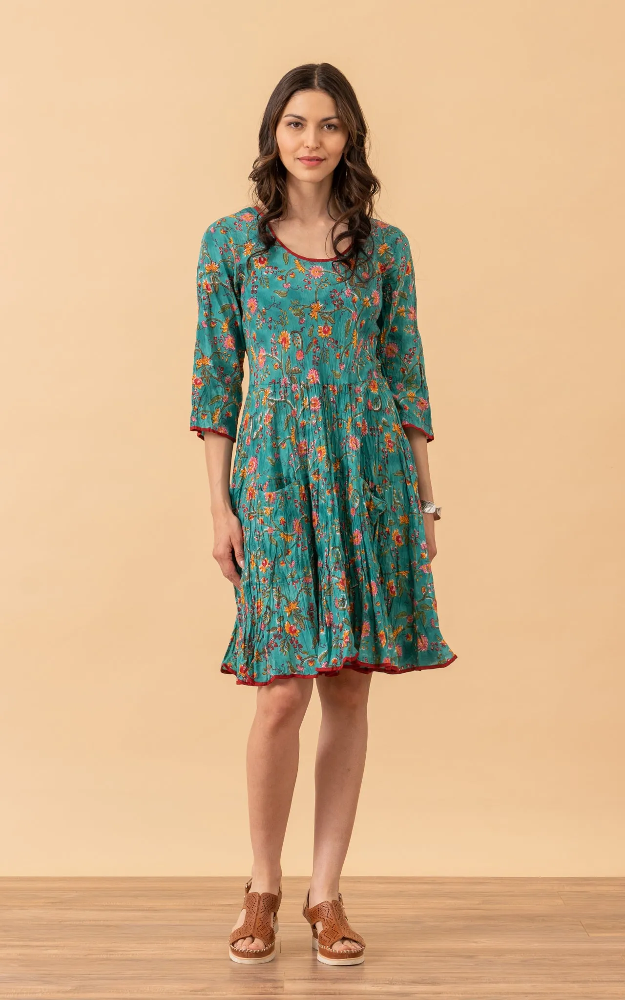 Santa Fe Dress, Short, 3/4 Sleeve, Peacock Floral