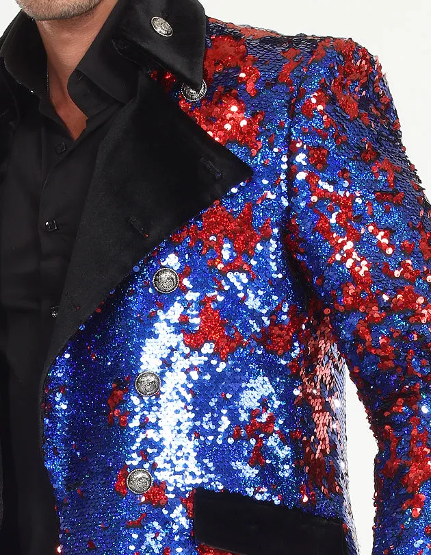 Sequin coat for men, Long coat blue/red