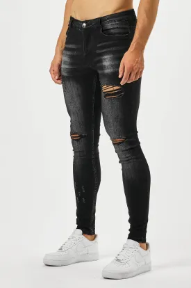 SKINNY FIT JEANS MULIT RIP - CHARCOAL WASH