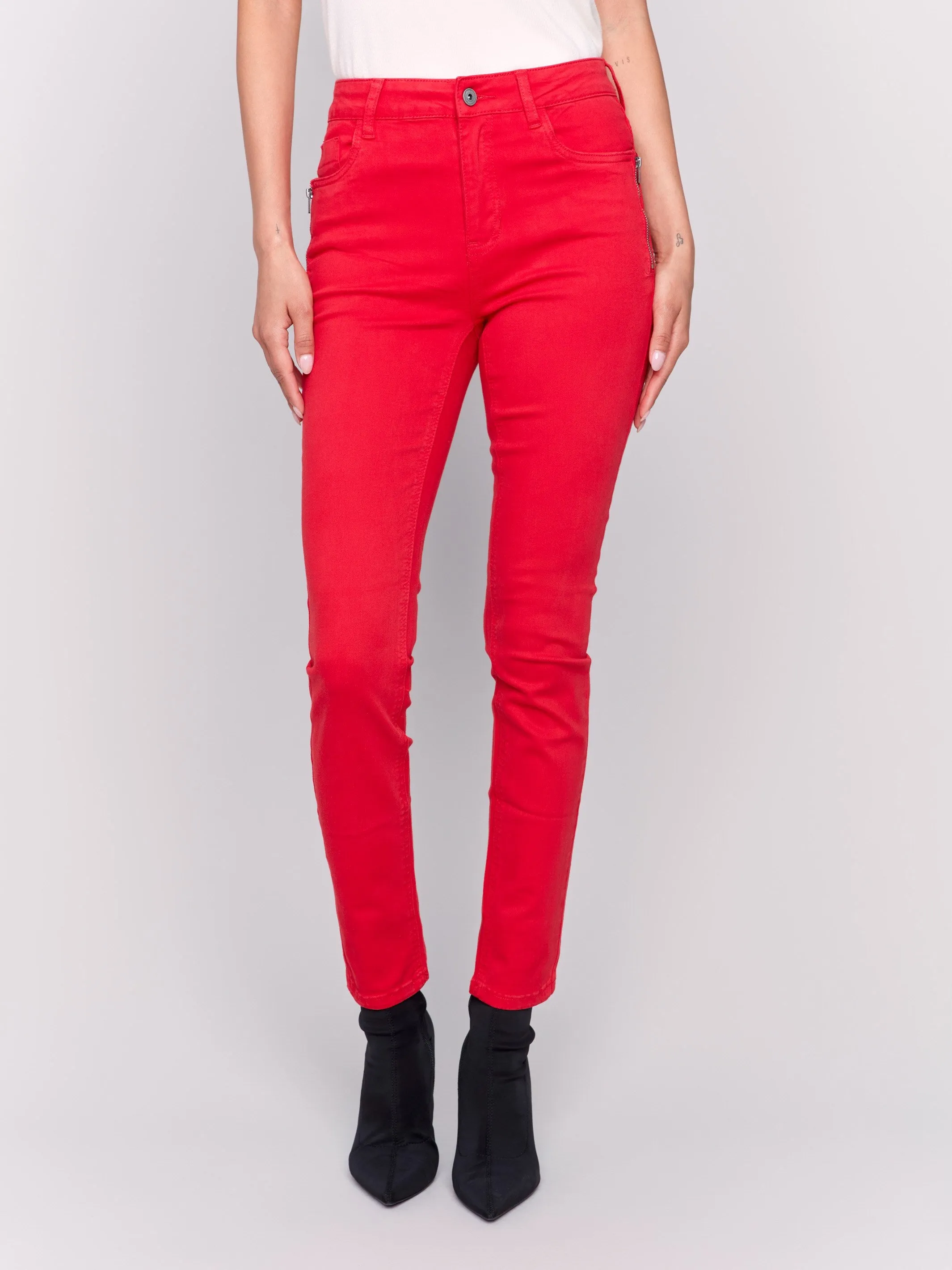 Skinny Twill Pants with Zipper Pocket Detail - Cranberry