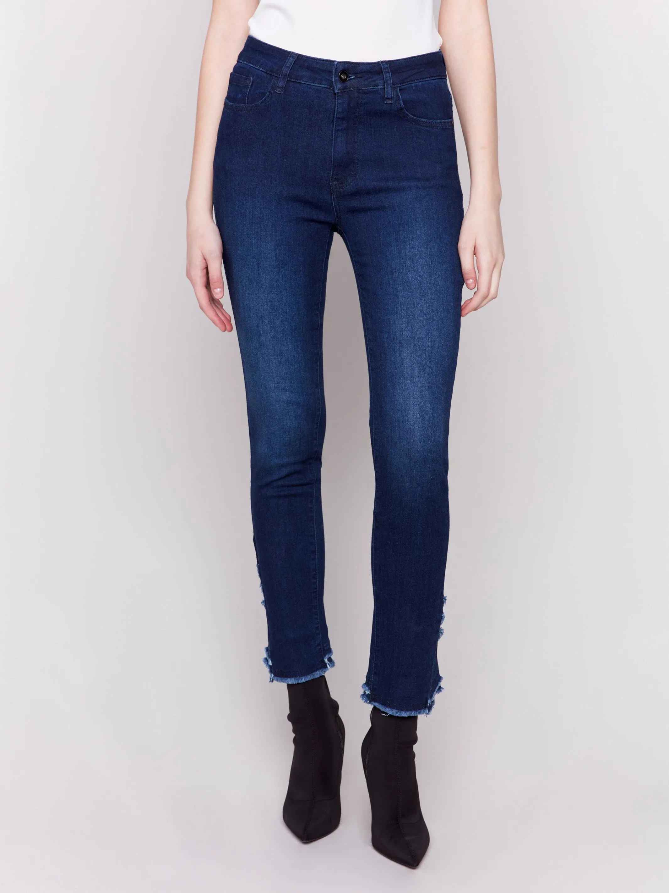 Slim Fit Jeans with Frayed Tulip Hem - Blue Black