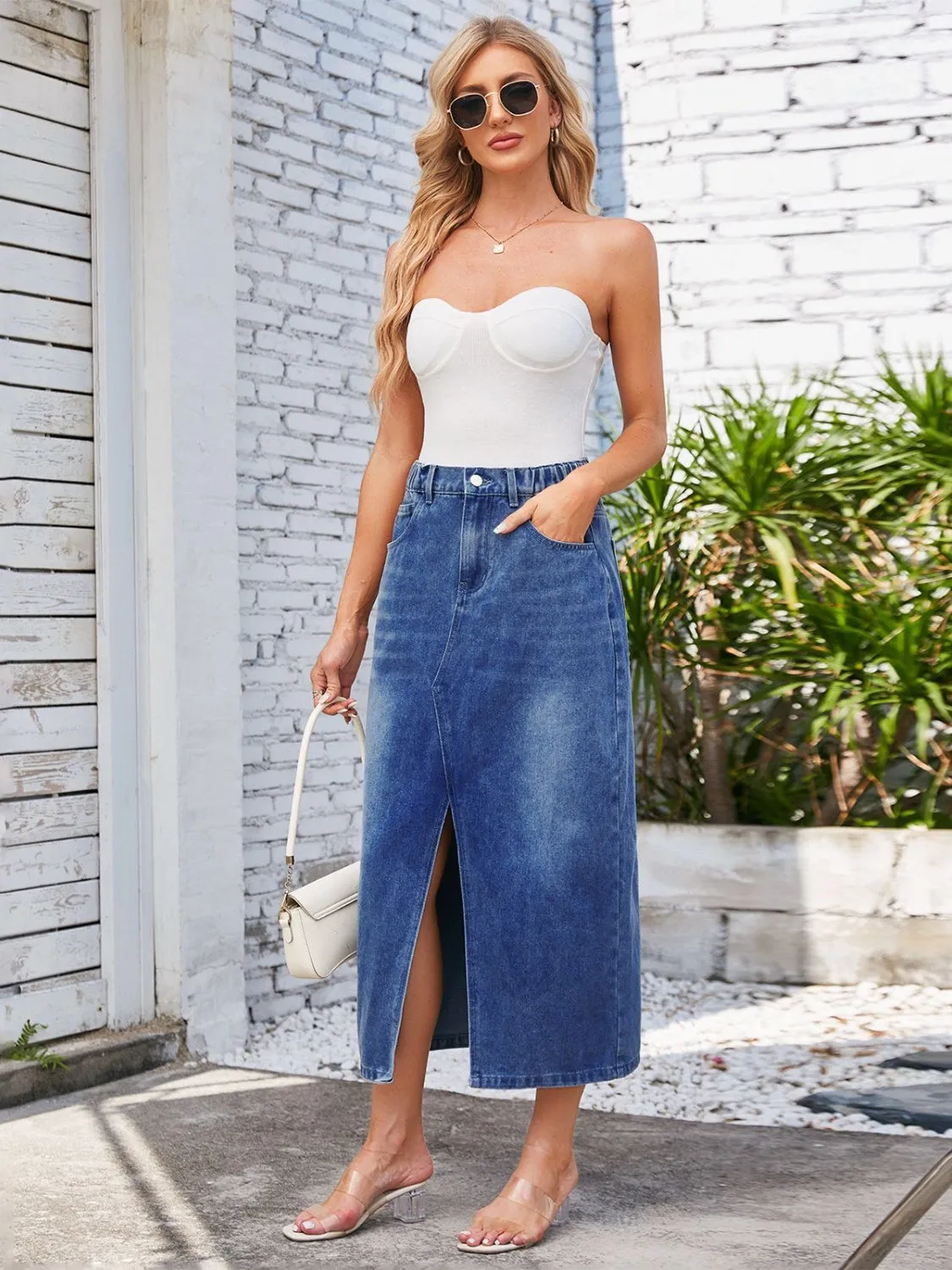 Slit Midi Denim Skirt with Pockets New Women's Fashion Long Jean Skirt Maxi