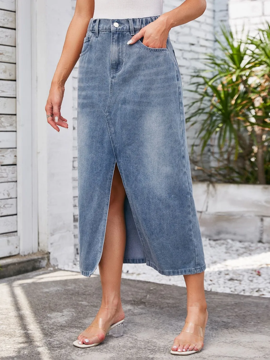 Slit Midi Denim Skirt with Pockets New Women's Fashion Long Jean Skirt Maxi