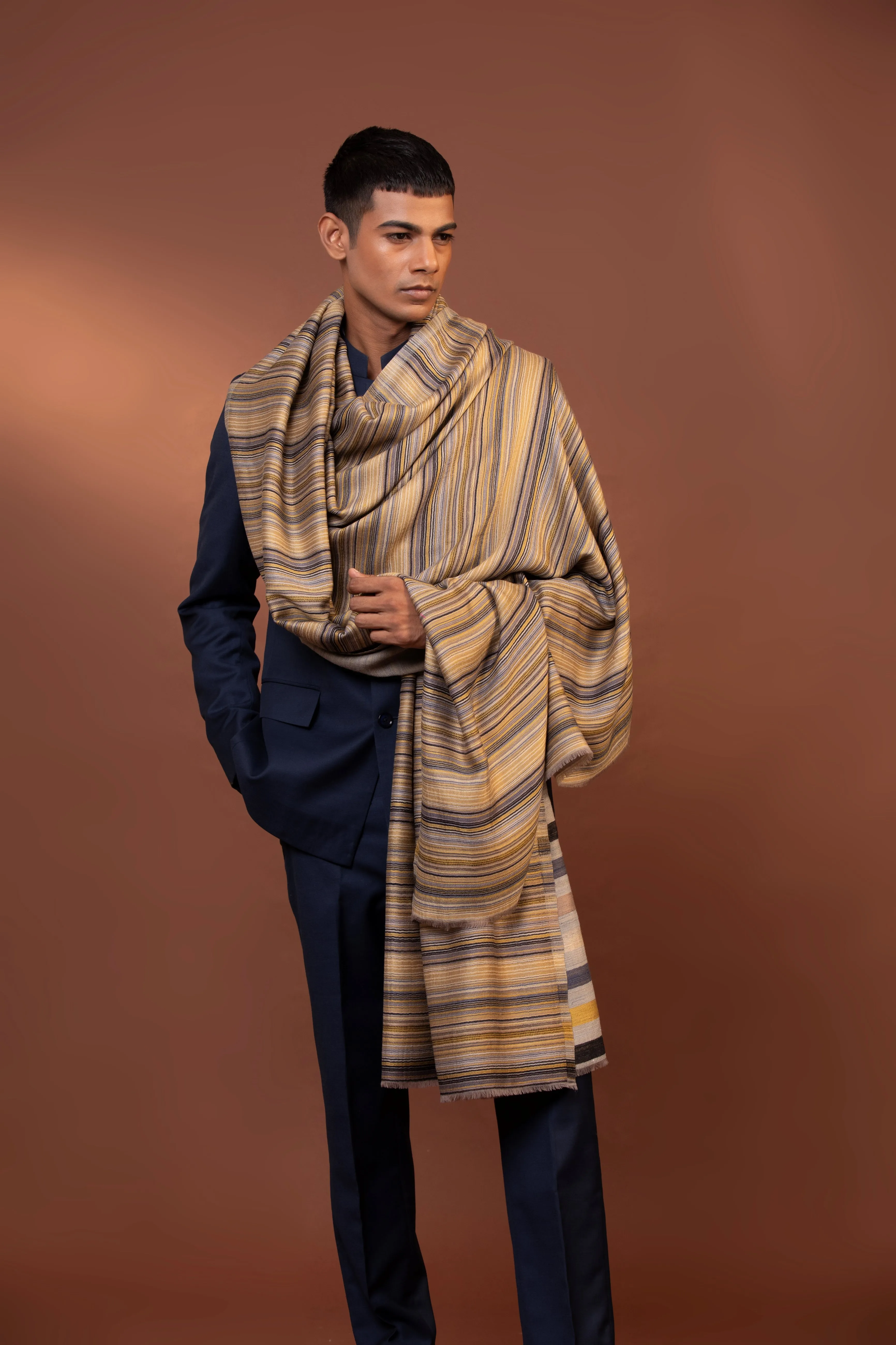 Striped Woven Design Pure Wool Shawl Handloom Fine Wool Stole