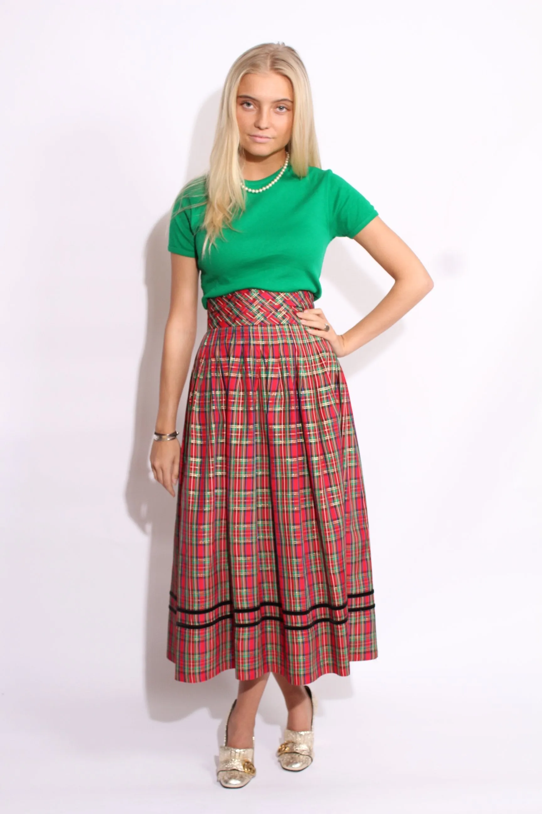 Tartan Full Midi Skirt Velvet Stripe