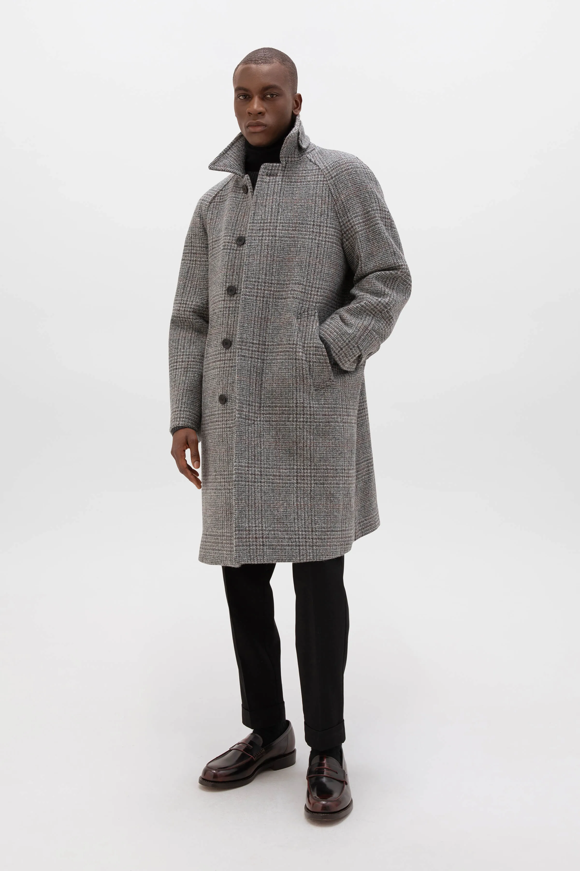 Mens Balmacaan Coat | Grey & Rust Glen Check Pattern