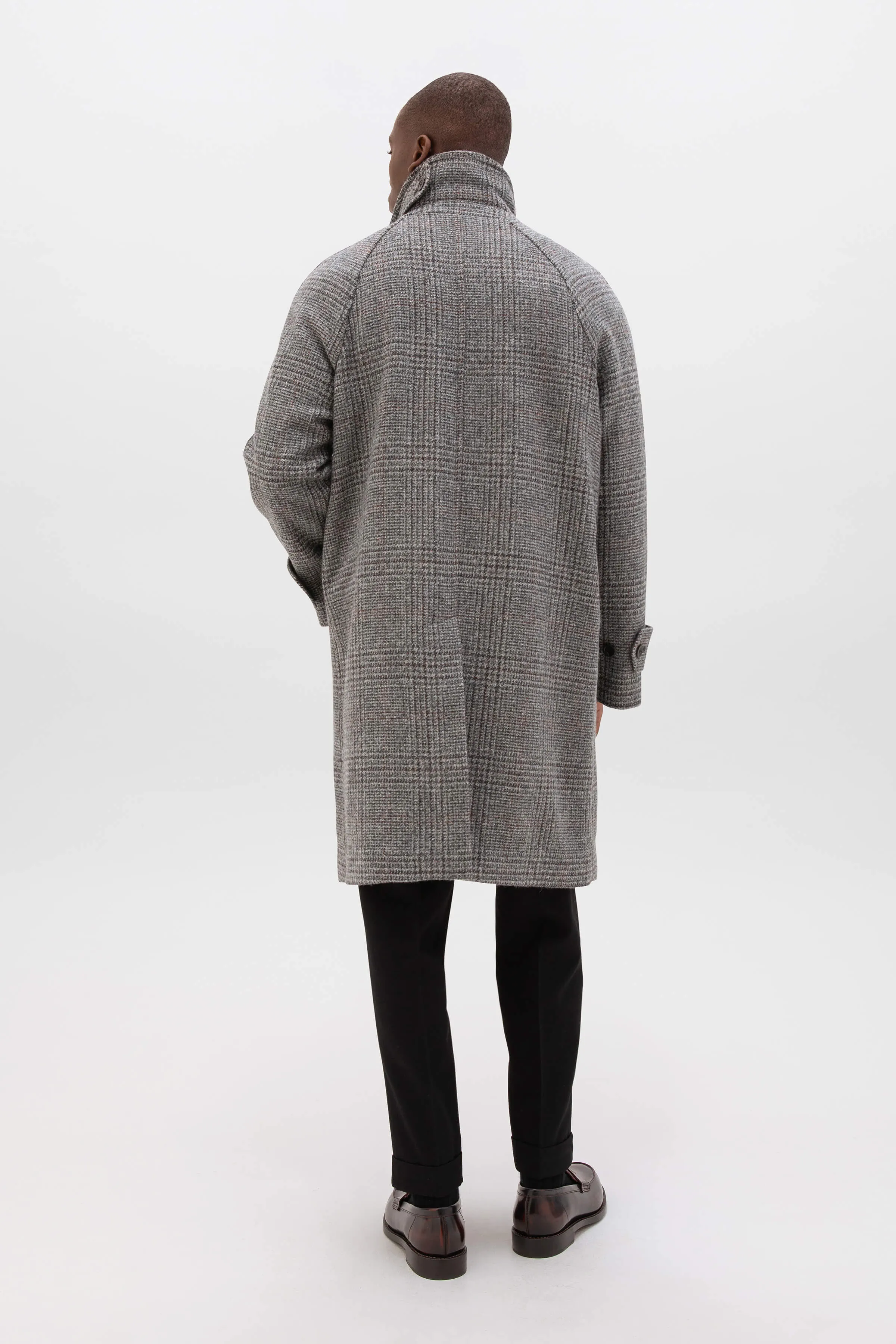 Mens Balmacaan Coat | Grey & Rust Glen Check Pattern