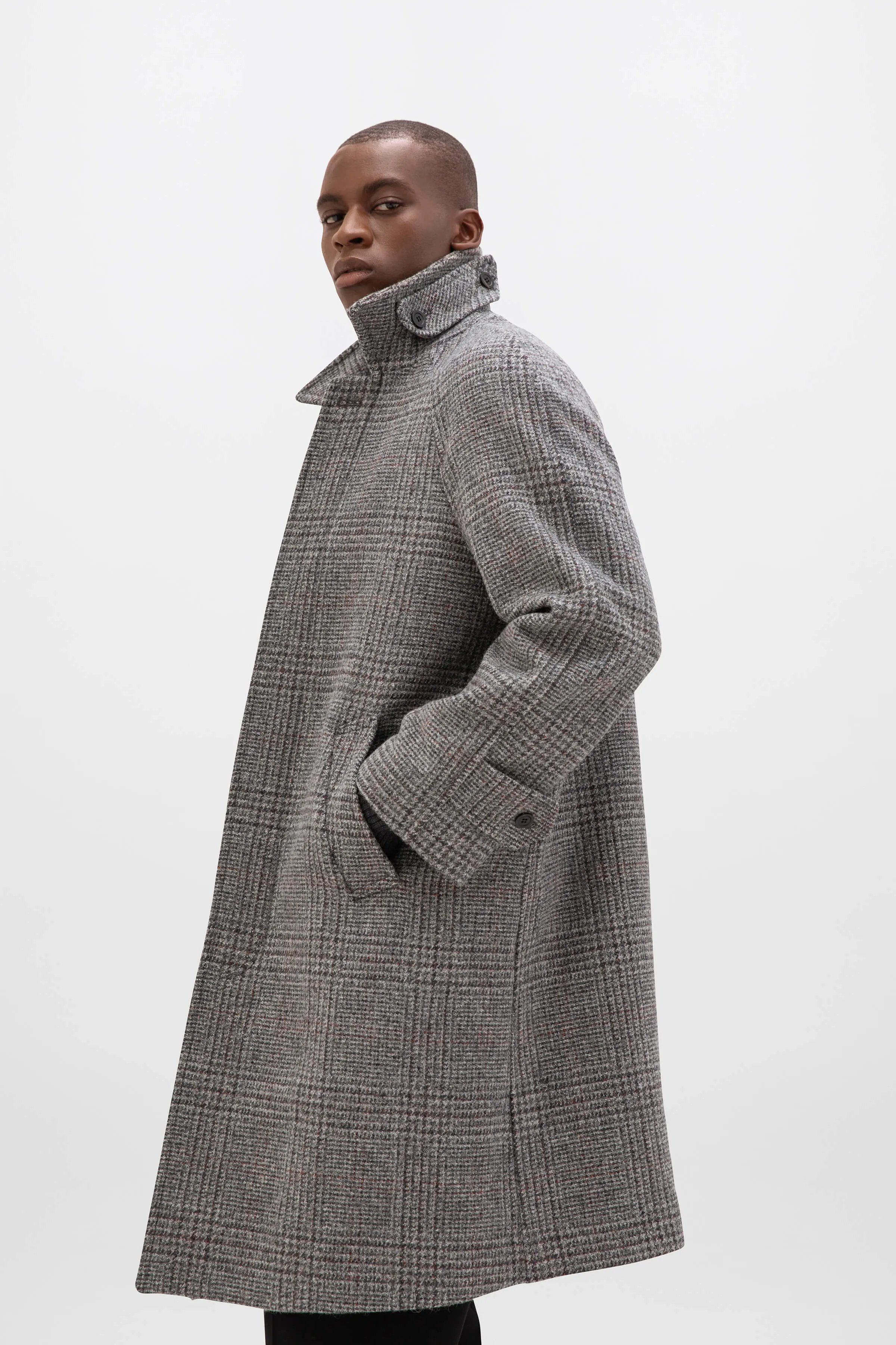 Mens Balmacaan Coat | Grey & Rust Glen Check Pattern