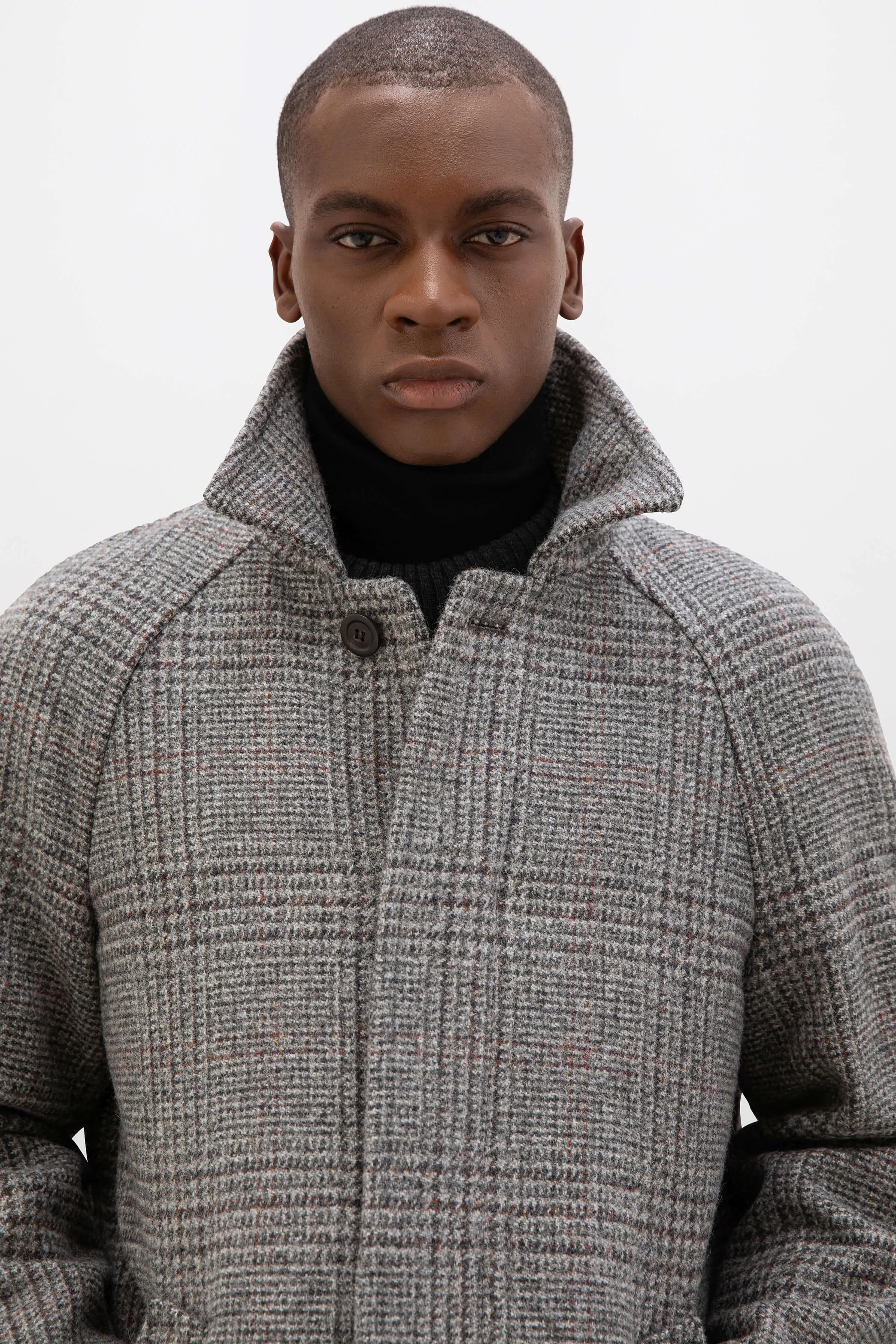 Mens Balmacaan Coat | Grey & Rust Glen Check Pattern