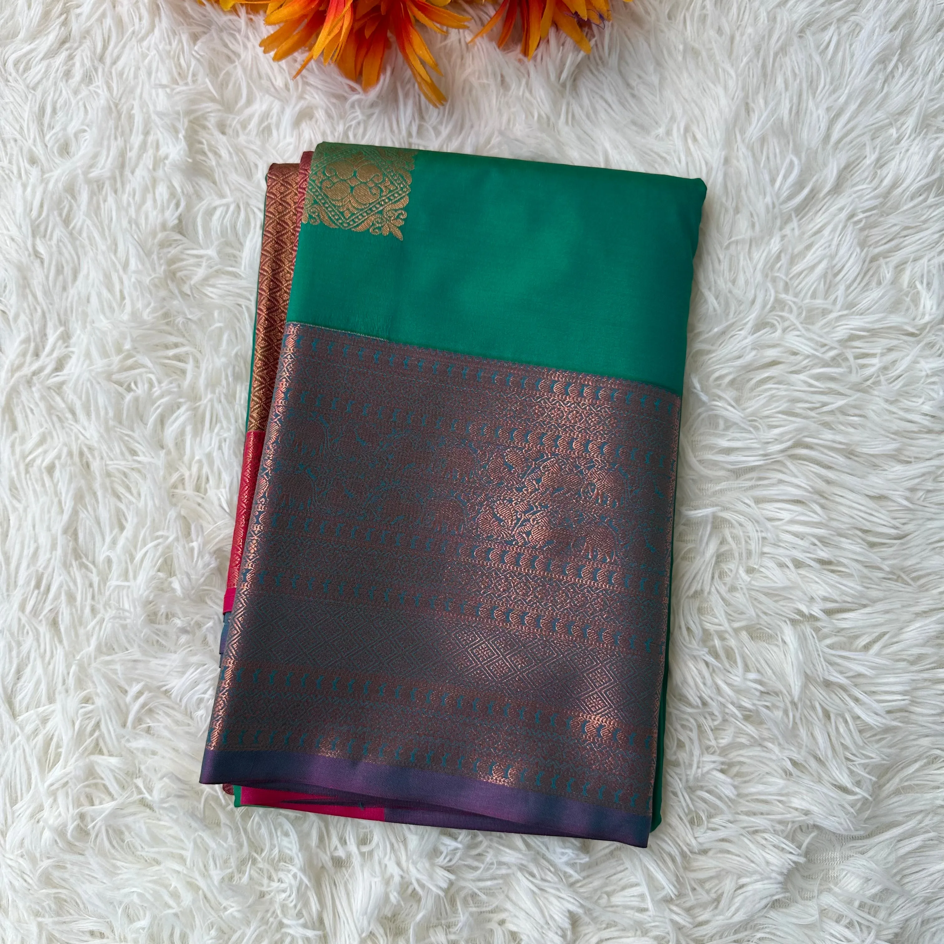 The Natural Beauty Jungle Green Semi Silk Saree With Pink Rich Zari Border