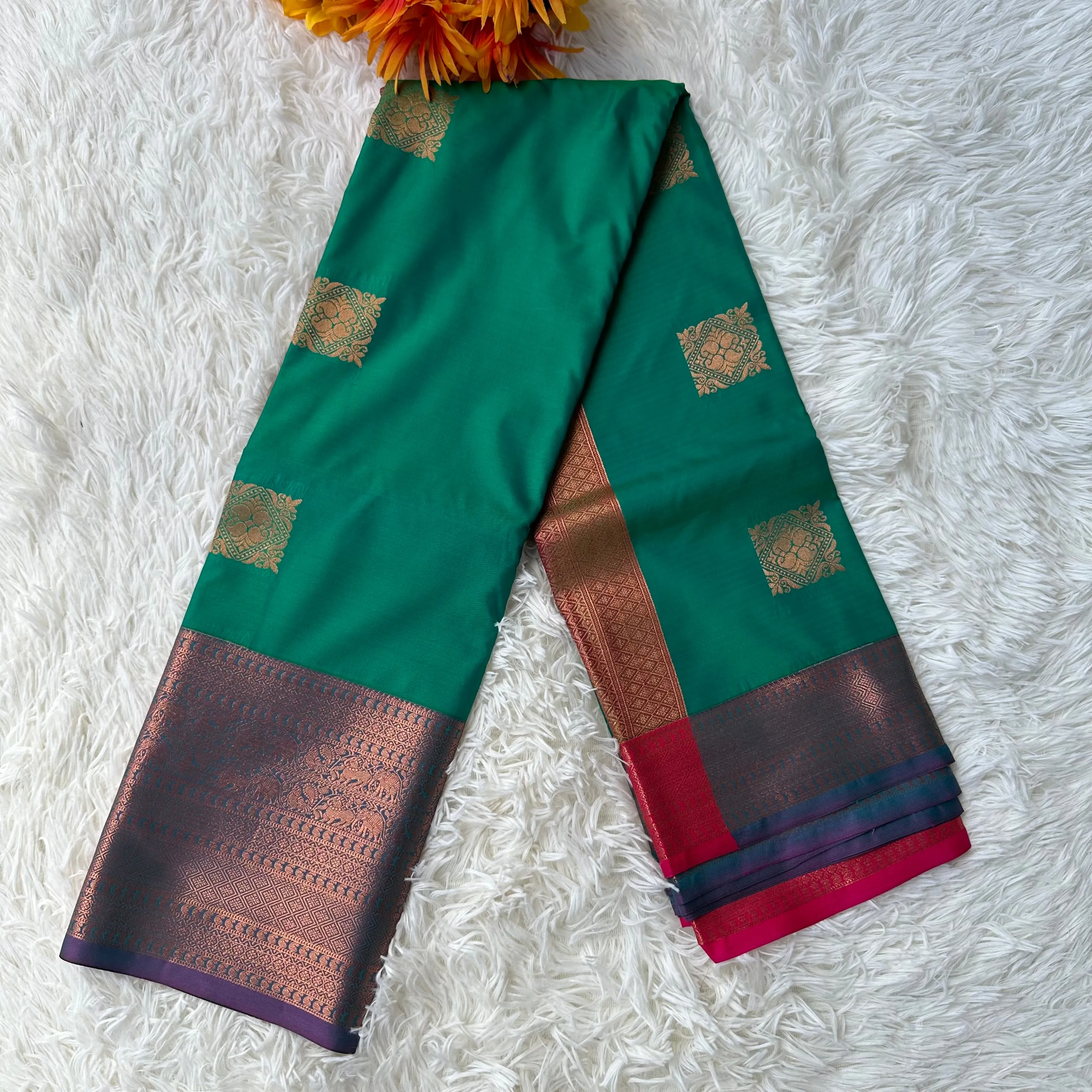 The Natural Beauty Jungle Green Semi Silk Saree With Pink Rich Zari Border