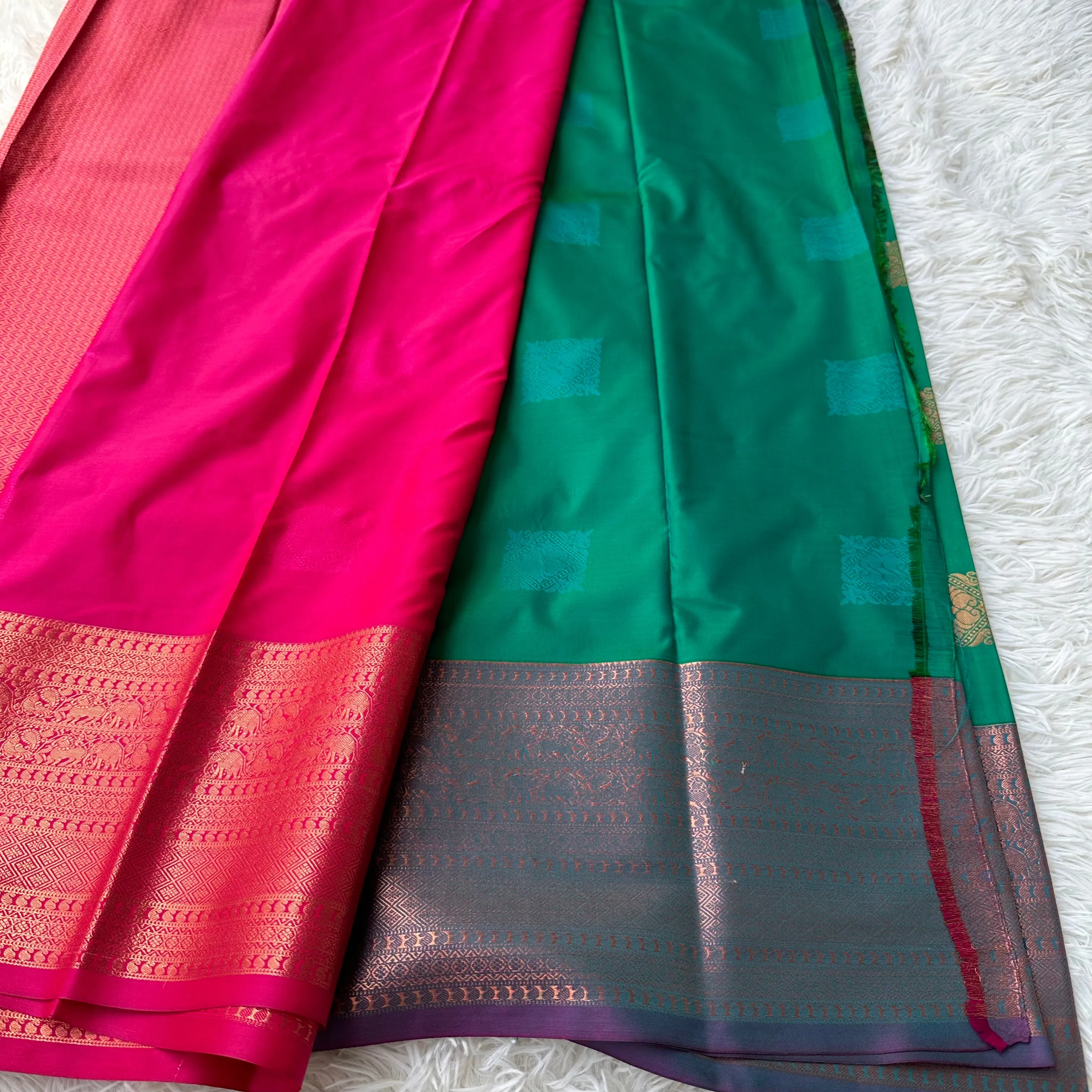 The Natural Beauty Jungle Green Semi Silk Saree With Pink Rich Zari Border