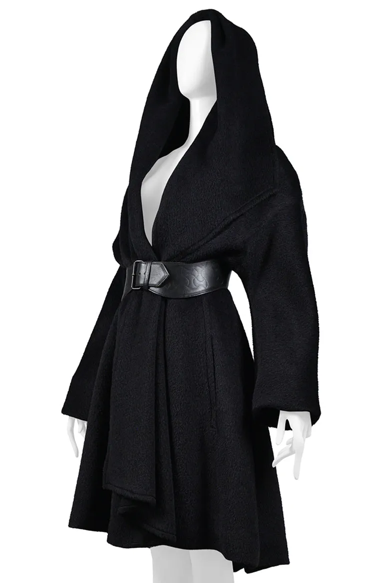 THIERRY MUGLER BLACK ALPACA HOODED CAPE COAT