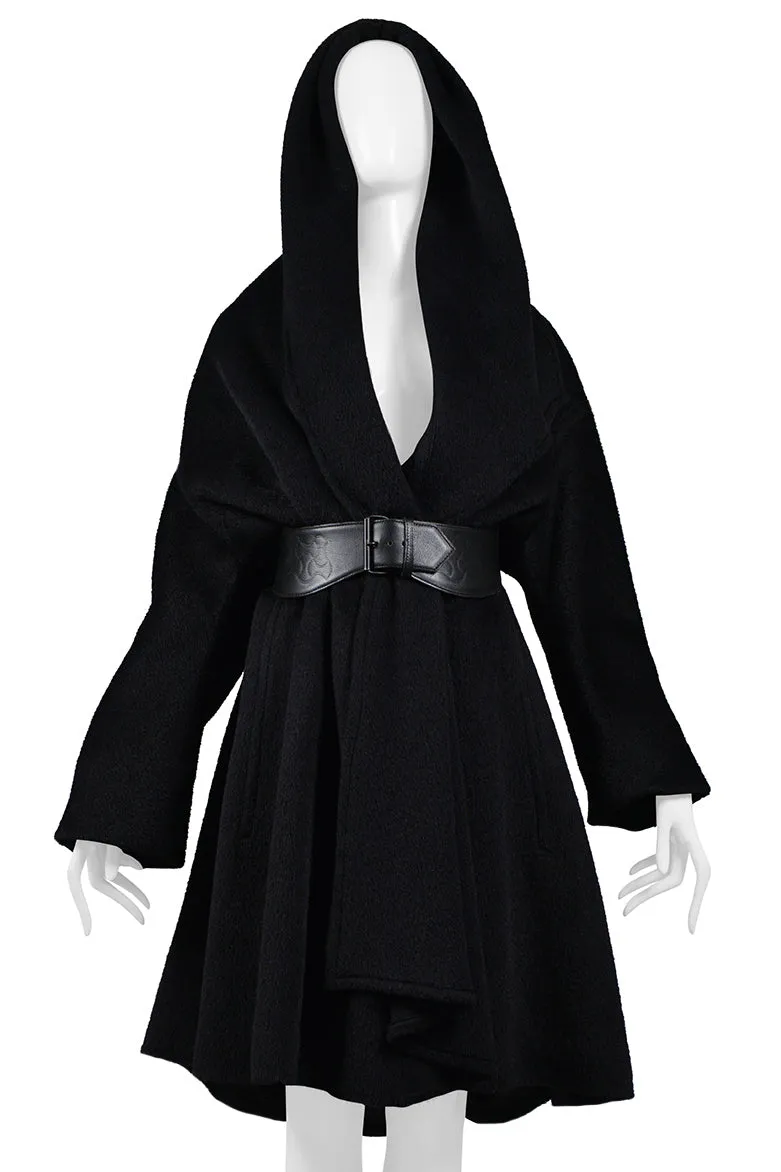 THIERRY MUGLER BLACK ALPACA HOODED CAPE COAT