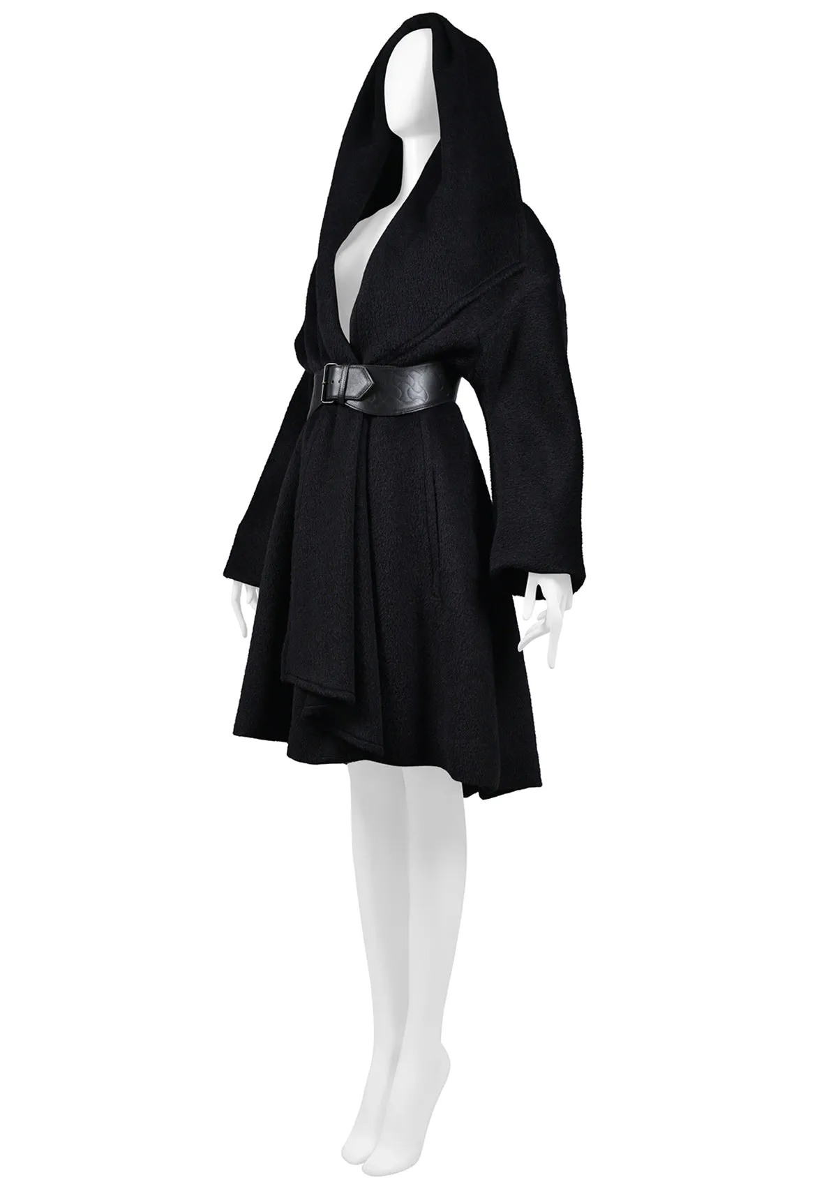 THIERRY MUGLER BLACK ALPACA HOODED CAPE COAT