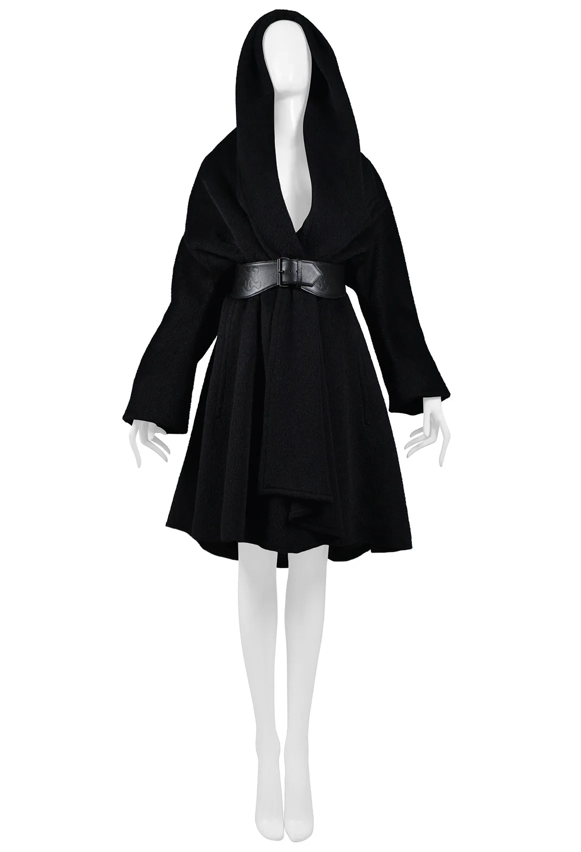 THIERRY MUGLER BLACK ALPACA HOODED CAPE COAT